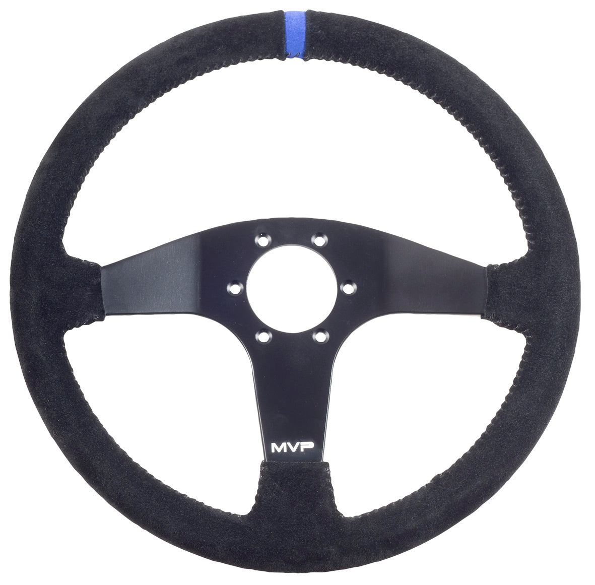 MVP BLACK 350MM SUEDE STEERING WHEEL FLAT WITH BLACK STITCHING