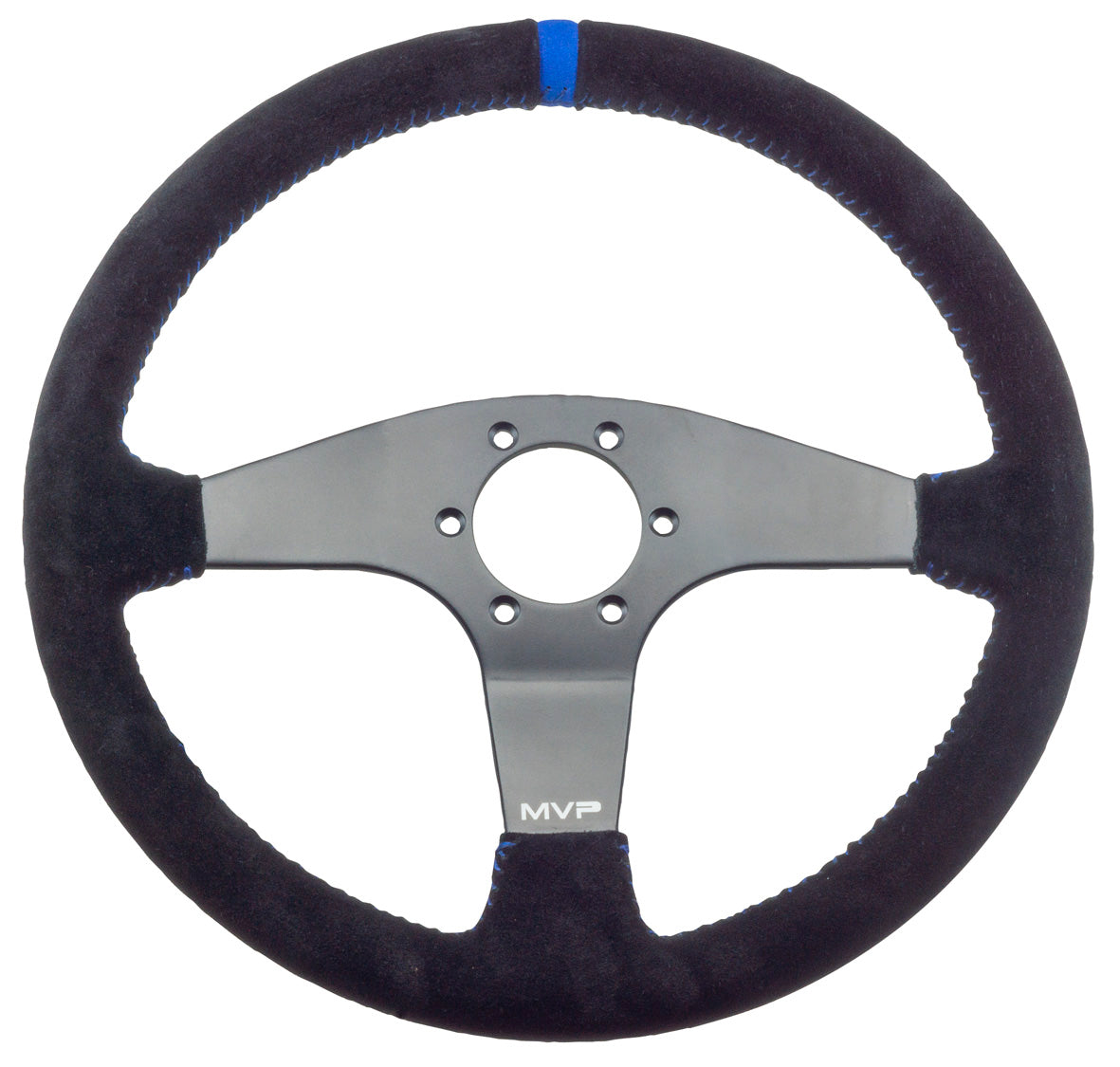 MVP BLACK 350MM SUEDE STEERING WHEEL FLAT WITH BLUE STITCHING