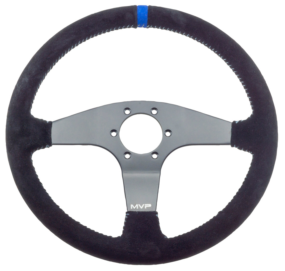 MVP BLACK 350MM SUEDE STEERING WHEEL FLAT WITH GREY STITCHING