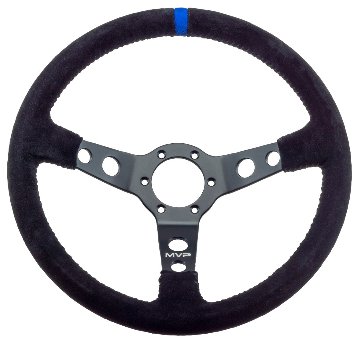 MVP BLACK 350MM SUEDE STEERING WHEEL DISHED WITH BLACK STITCHING