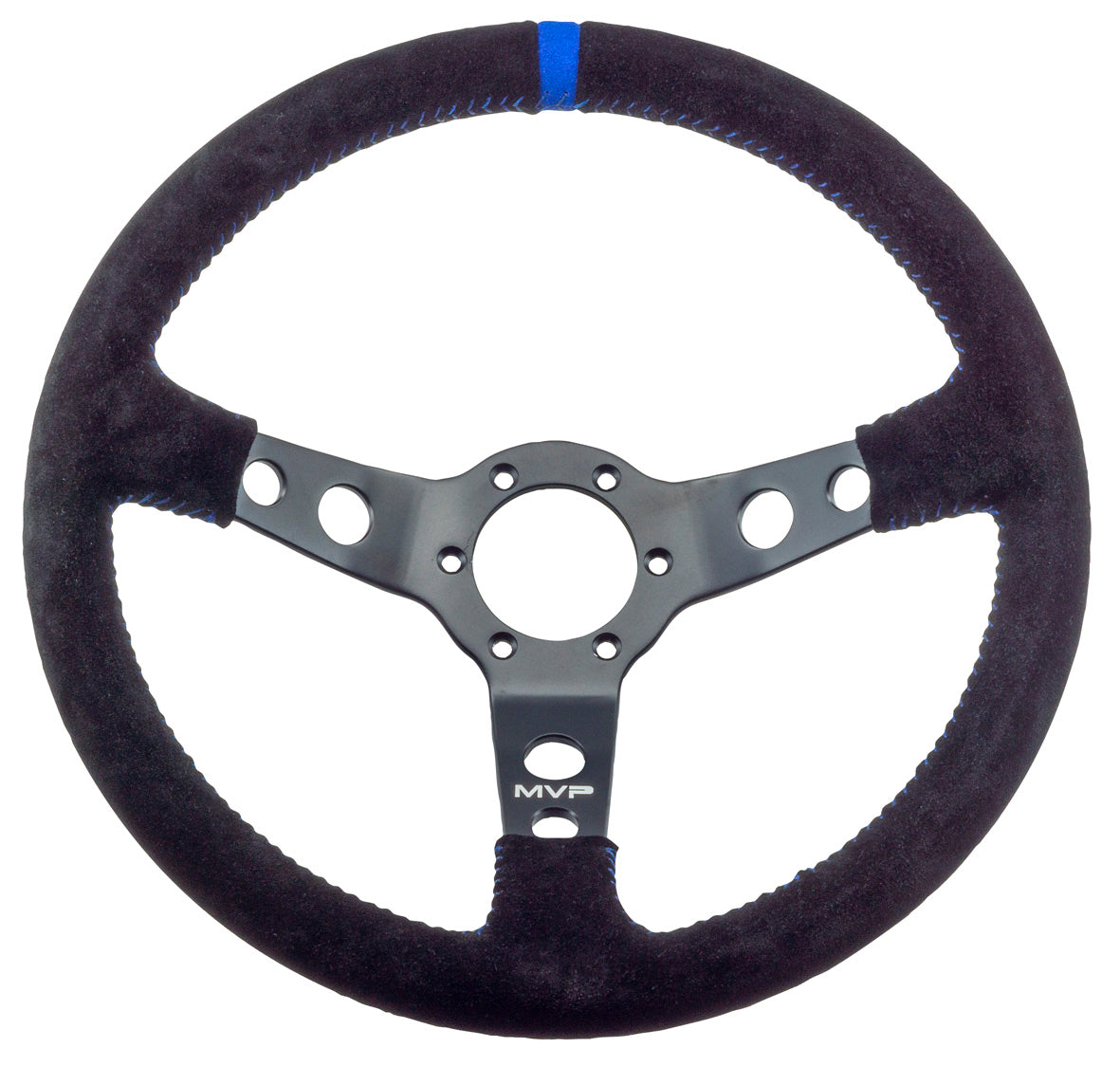 MVP BLACK 350MM SUEDE STEERING WHEEL DISHED WITH BLUE STITCHING