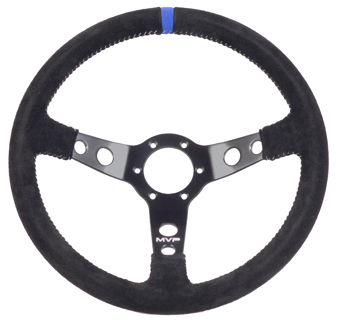 MVP BLACK 350MM SUEDE STEERING WHEEL DISHED WITH GREY STITCHING
