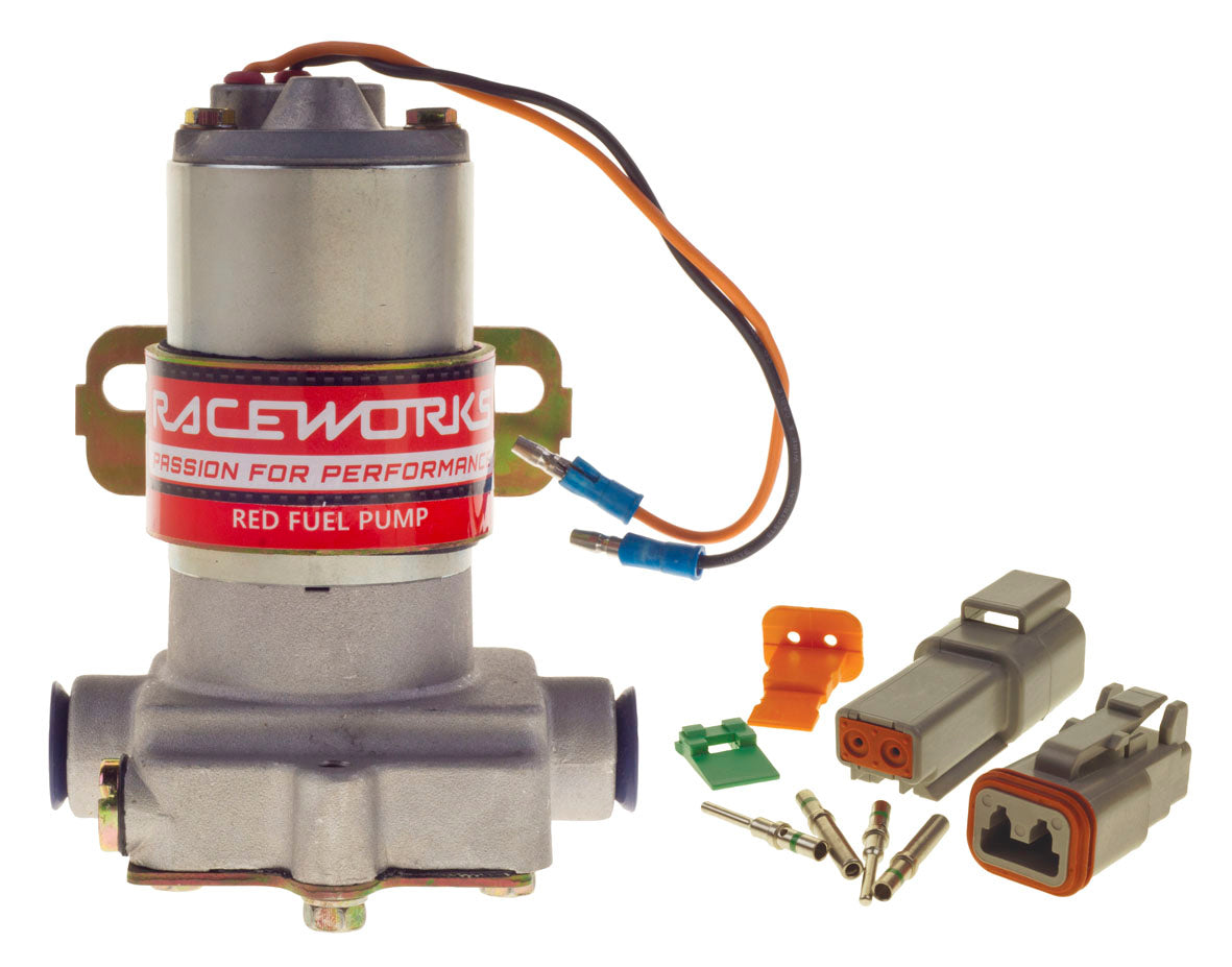 RACEWORKS RED PUMP 367LPH@FREEFLOW; MAX PRESSURE 7PSI