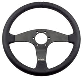 MVP BLACK 350MM LEATHER STEERING WHEEL FLAT WITH BLACK STITCHING