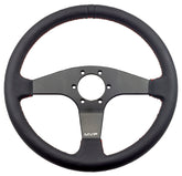 MVP BLACK 350MM LEATHER STEERING WHEEL FLAT WITH RED STITCHING