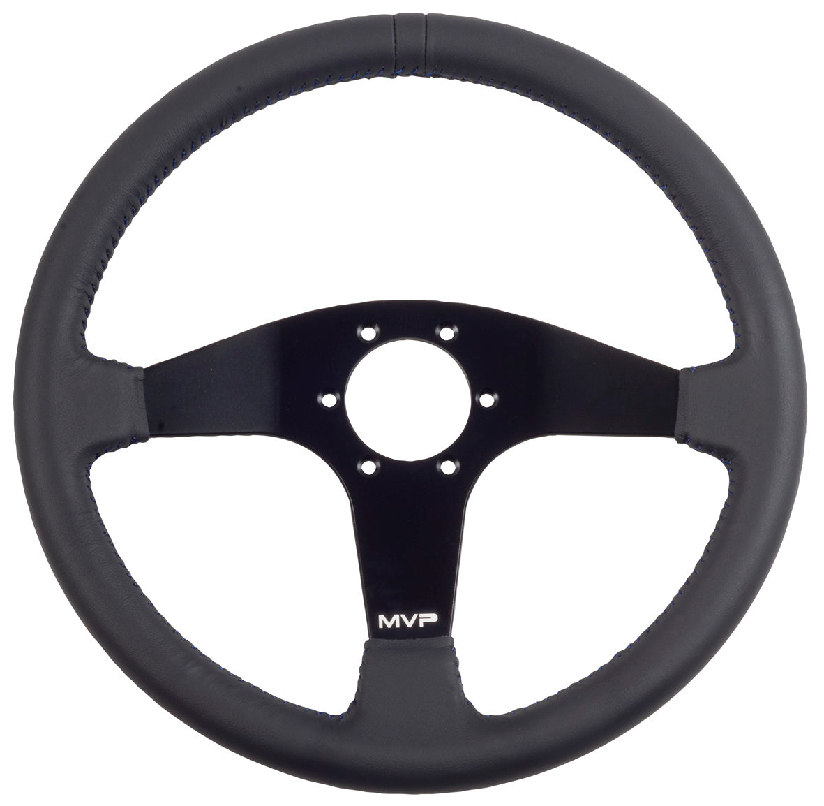 MVP BLACK 350MM LEATHER STEERING WHEEL FLAT WITH BLUE STITCHING