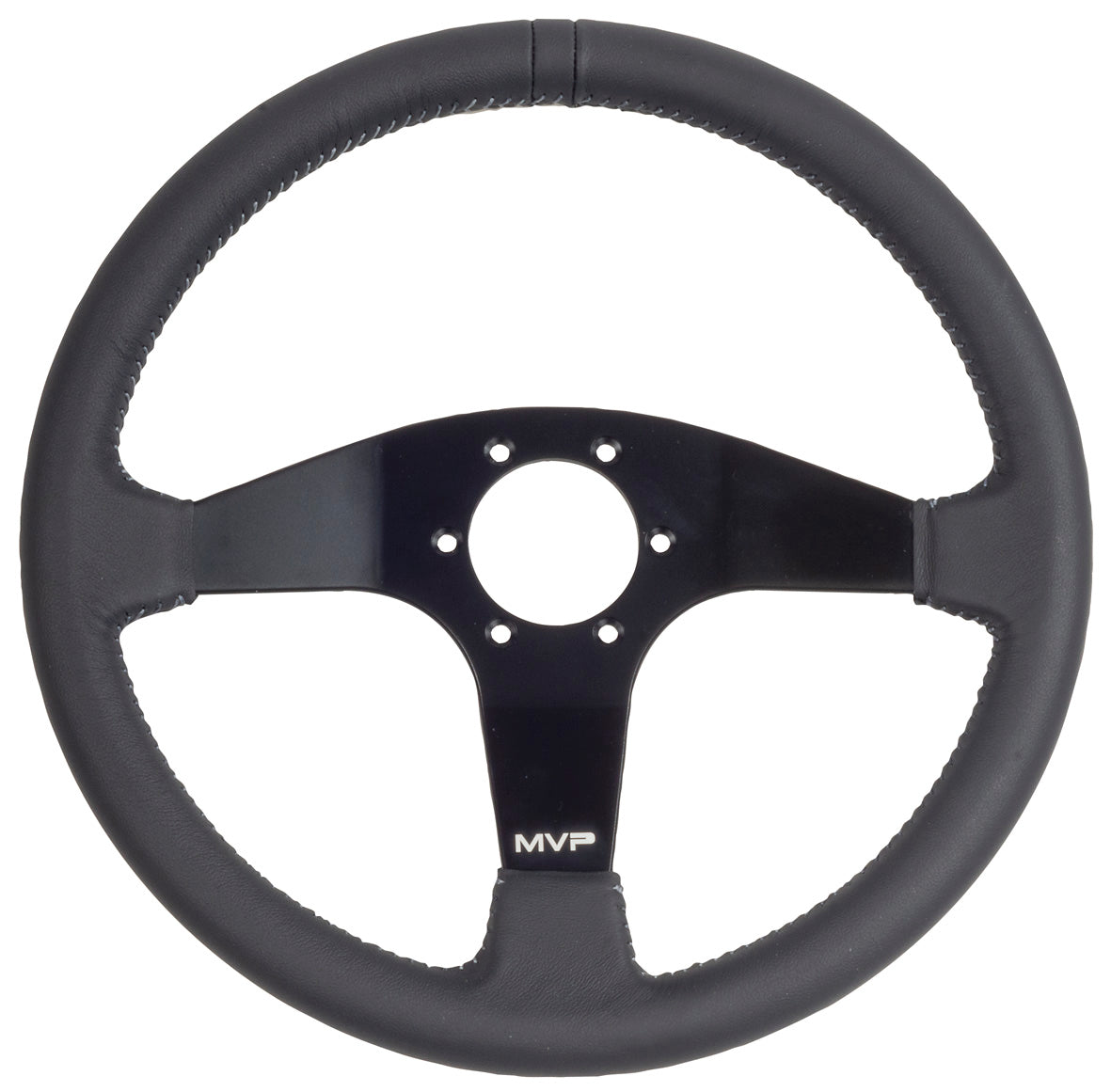 MVP BLACK 350MM LEATHER STEERING WHEEL FLAT WITH GREY STITCHING