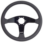 MVP BLACK 350MM LEATHER STEERING WHEEL FLAT WITH GREY STITCHING