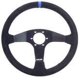 MVP BLACK 350MM SUEDE STEERING WHEEL FLAT WITH BLACK STITCHING