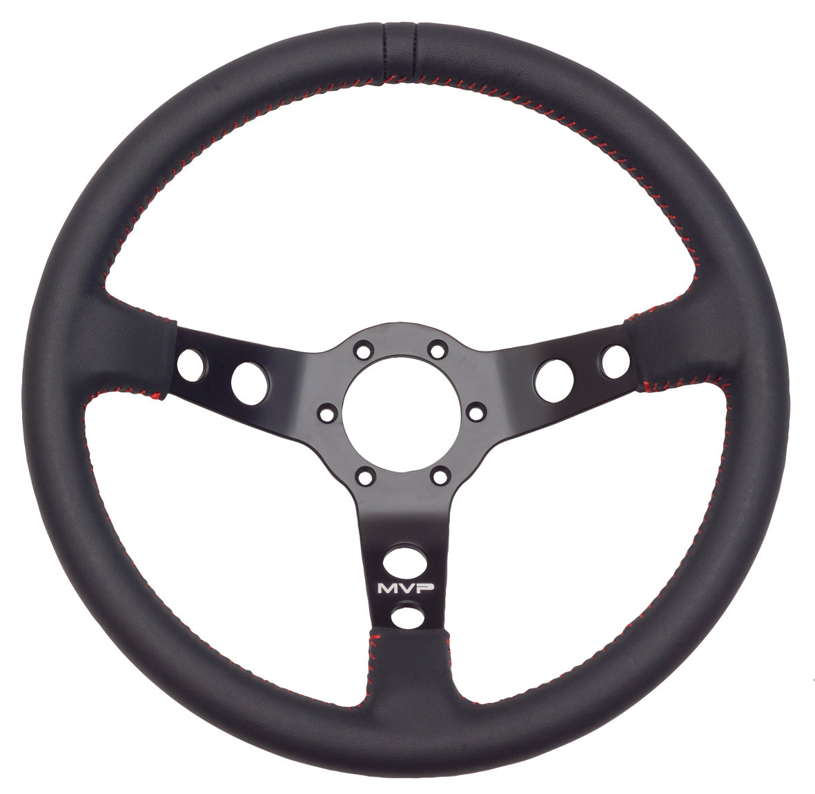 MVP BLACK 350MM LEATHER STEERING WHEEL DISHED WITH RED STITCHING