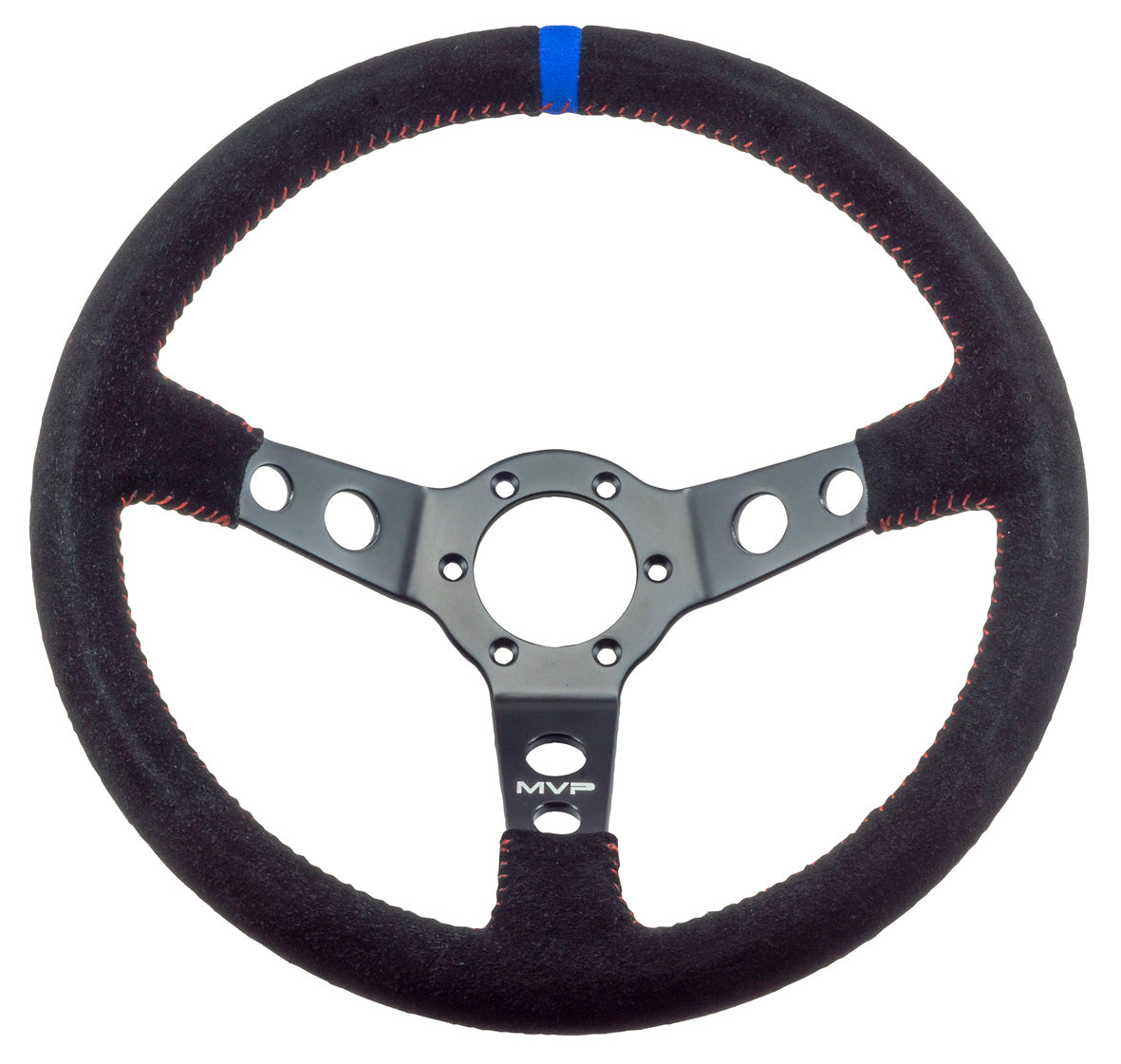MVP BLACK 350MM SUEDE STEERING WHEEL DISHED WITH RED STITCHING